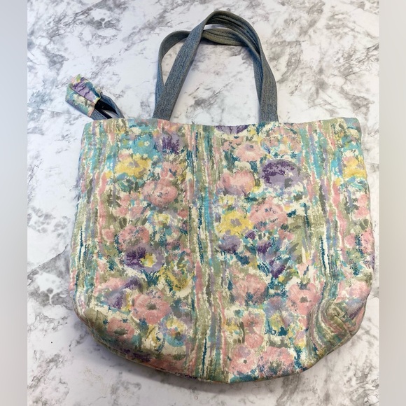Vintage 90s Pastel Floral Quilted Denim Handle Cottagecore should bag Purse - Picture 6 of 15